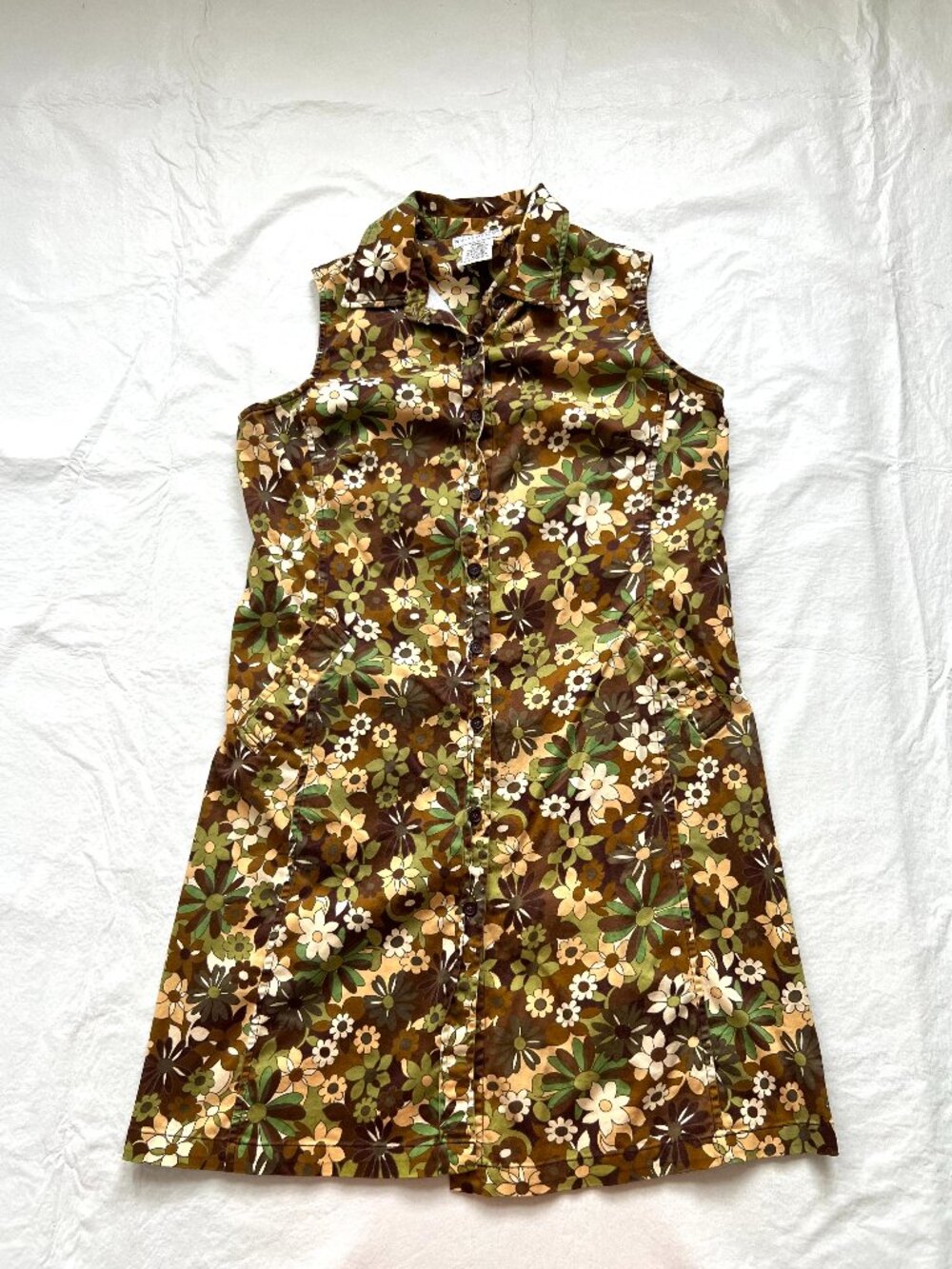 70s style dress size 12 brown green floral print button up collared sleeveless